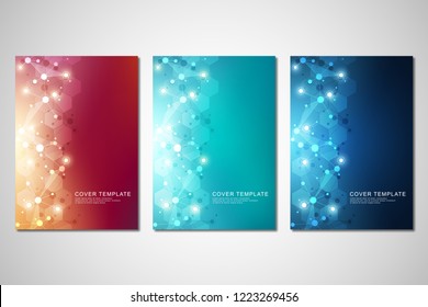 Vector template for cover or brochure, with molecules background and neural network. Abstract geometric background of connected lines and dots. Medical or scientific and technological concept