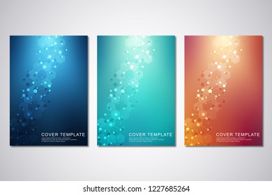 Vector template for cover or brochure, with molecules background and neural network. Abstract geometric background of connected lines and dots. Medical or scientific and technological concept