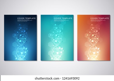 Vector template for cover or brochure, with molecules background and DNA strand. Medical or scientific and technological concept
