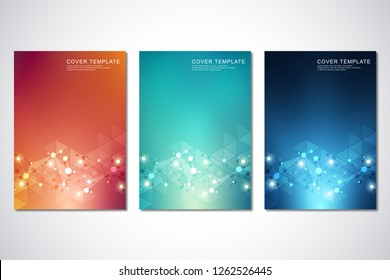 Vector template for cover or brochure, with molecules background and neural network. Abstract geometric background of connected lines and dots. Medical or scientific and technological concept