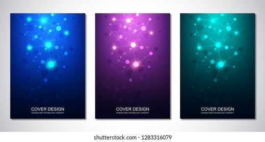 Vector template for cover or brochure, with molecules background and neural network. Abstract geometric background of connected lines and dots. Medical or scientific and technological concept