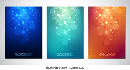 Vector template for cover or brochure, with molecules background and neural network. Abstract geometric background of connected lines and dots. Medical or scientific and technological concept