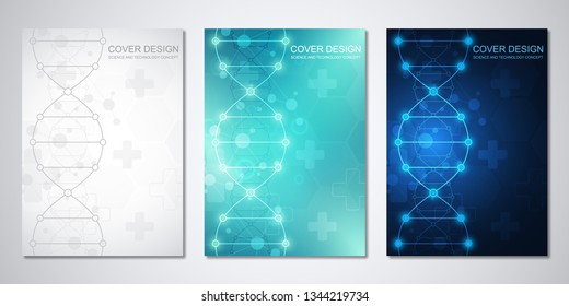 Vector template for cover or brochure, with molecules background and DNA strand. Medical or scientific and technological concept