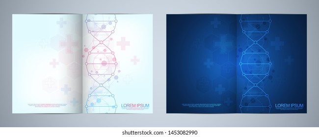 Plantilla de Vector para portada o folleto, con fondo de moléculas y hebra de ADN. Concepto médico o científico y tecnológico
