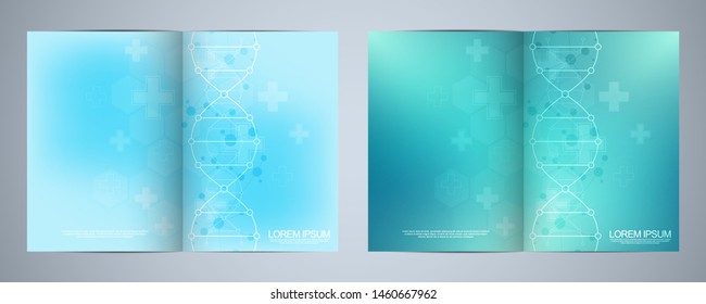 Vector template for cover or brochure, with molecules background and DNA strand. Medical or scientific and technological concept