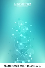 Vector template for cover or brochure, with molecules background and DNA strand. Medical or scientific and technological concept