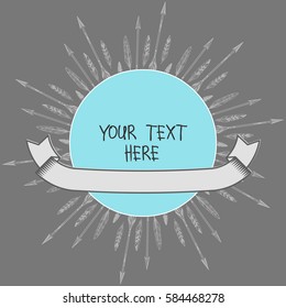 Vector template for cover design with place for your text. Round frame with decorative ribbon, arrows and feathers.