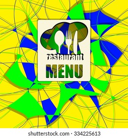 Vector template for the cover of the menu of geometric shapes and ornate style abstraction, fork, spoon, knife, bottle of wine and a glass.
