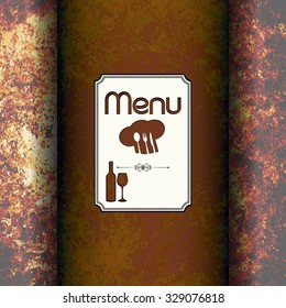 Vector template for the cover page and the restaurant menu with a ribbon for inscription on the background textures or warm colors with a fork, spoon and knife.