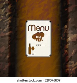 Vector template for the cover page and the restaurant menu with a ribbon for inscription on the background textures or warm colors with a fork, spoon and knife.