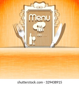 Vector template for the cover page and the restaurant menu with a ribbon for inscription on the background textures or warm colors with a fork, spoon and knife.