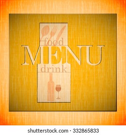 Vector template for the cover page and the restaurant menu with a ribbon for inscription on the background textures or warm colors with a fork, spoon and knife.