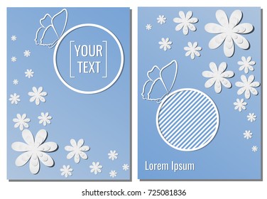 Vector template for covers, invitations, flyers. Butterfly, flowers, frame.