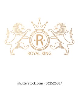 Vector template to create a logo with a symbol of royal power, lions, crown and a capital letter in the circle. Modern minimalist design gold mono line on a white background. Space for company name.