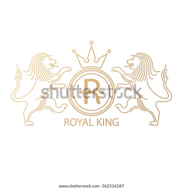 Vector template to create a logo with a symbol of\
royal power, lions, crown and a capital letter in the circle.\
Modern minimalist design gold mono line on a white background.\
Space for company name.