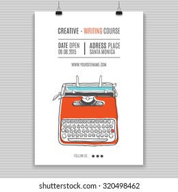 Vector template for creating writing course advertising.Vintage printing illustration  with retro typewriter.