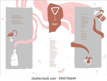 Vector template for creative idea menu, list, banner, booklet, flyer.  Wine. Coffee and milk drinks. Cocktails. Pelican corkscrew. Abstract shapes and lines. White, gray, pink colors. 