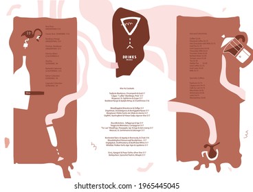 Vector template for creative idea menu, list, banner, booklet, flyer.  Wine. Coffee and milk drinks. Pelican corkscrew. Abstract shapes and lines. White, brown, pink colors. 