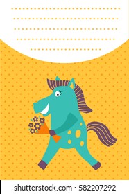vector template of a cute horse holding flowers in his hand