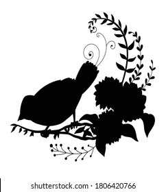 Vector template cute little bird and flowers. Black silhouette illustration isolated on white. For wedding invitation, design, print, t shirt, home decor, stickers,weather vane, application and tattoo
