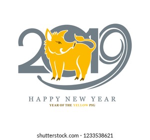 Vector template with a cute yellow pig on the background of 2019. New Year's design 2019. Happy New Year!