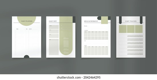 Vector template for daily and weekly planners for healthy habits, meals and fitness planner, weekly schedule, workout tracker, habit tracker. Vector template for trendy design, shadow overlay included