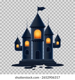 Vector template of dark Halloween castle. 3d dark castle isolated on checkered background. Template of dark castle for decoration Halloween events, covers, cards, banners, ads, social media.