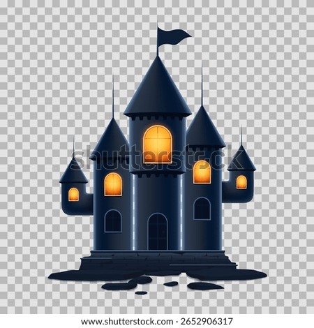 Vector template of dark Halloween castle. 3d dark castle isolated on checkered background. Template of dark castle for decoration Halloween events, covers, cards, banners, ads, social media.