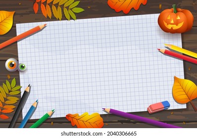  Vector template for decoration your children's drawing for Halloween  Notebook sheet and autumn yellow leaves   colored pencils dark table  Creativity lesson for the feast all saints 