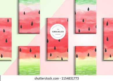 Vector template. Delicate pink green background. Chocolate bars with watermelons. Watercolor pattern.