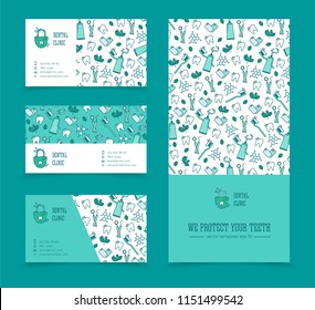 Vector Template For Dentistry. Tooth Emblem And Seamless Pattern. Tooth Brush And Tooth Paste Icon. Teeth Cleaning. Dental Care Logo. Card, Label, Visit Card, Banner Design Template.