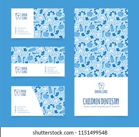 Vector template for dentistry. Tooth emblem and seamless pattern. Tooth brush and tooth paste icon. Teeth cleaning. Dental care logo. Card, label, visit card, banner design template.