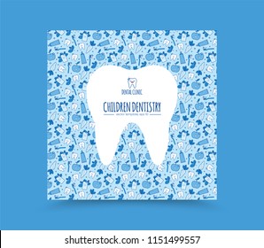 Vector Template For Dentistry. Tooth Emblem And Seamless Pattern. Tooth Brush And Tooth Paste Icon. Teeth Cleaning. Dental Care Logo. Card, Label, Visit Card, Banner Design Template.