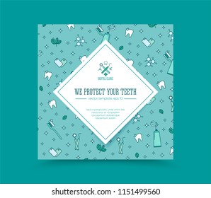 Vector template for dentistry. Tooth emblem and seamless pattern. Tooth brush and tooth paste icon. Teeth cleaning. Dental care logo. Card, label, visit card, banner design template.