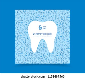 Vector template for dentistry. Tooth emblem and seamless pattern. Tooth brush and tooth paste icon. Teeth cleaning. Dental care logo. Card, label, visit card, banner design template.