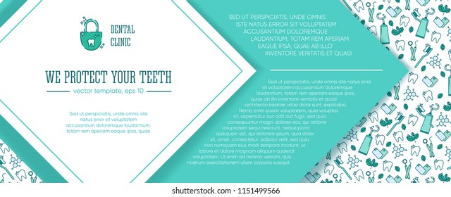 Vector template for dentistry. Tooth emblem and seamless pattern. Tooth brush and tooth paste icon. Teeth cleaning. Dental care logo. Card, label, visit card, banner design template.