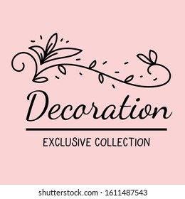 Vector template design of beautiful curly flower decoration with inscription on pink background. Flat line art style illustration with floral composition for web, site, invitation, greeting card, logo