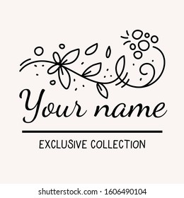 Vector template design of beautiful floral decoration with inscription on light background. Flat line art style illustration with flower composition for web, site, invitation, greeting card, label