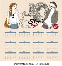 Vector template design - Calendar with two hipster fashion girls and goat