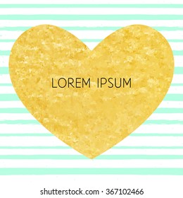 Vector template design card. Background with mint brush strokes of paint. Gold foil heart sticker