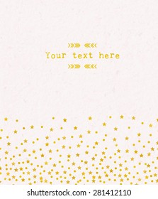 Vector template design card with gold foil confetti and stars on a  watercolor background