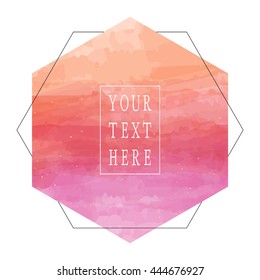 Vector template design card with isolated watercolor brush strokes and gold ink spots. Pink and peach color. Geometric frame