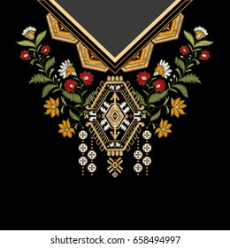 Diseño de plantilla de vectores para pantalones de cuello, blusas, pantalones T. Flores de bordado cuello y adorno geométrico. Borde decorativo paisley. Efecto bordado de imitación