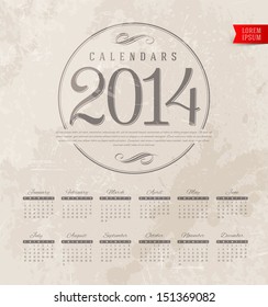 Vektordesign - Dekorativer Kalender 2014 auf grunge Vintage-Hintergrund