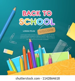 Vector template for design of flyer or banner on chalkboard background with paper shopping bag and Back to School Supplies (pencils, eraser, ruler, sticky note, notebooks). File contains clipping mask