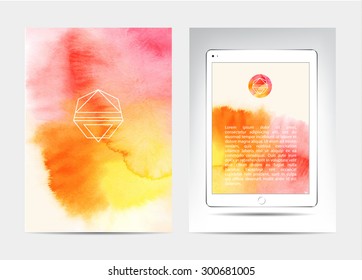 Vector Template design for flyer, card, poster or banner. Line abstract hipster logo. White tablet pc, apple ipad