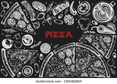 Vector template design with graphic illustrations of pizza on the blackboard