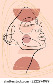 Vector template of design and illustrations in a minimalistic linear style. Minimalistic modern art. Female portrait and abstract print.