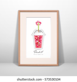 Vector template. Design with imprint of lipstick. Plastic cup with love drink. Paper cut design. Picture frame with passepartout. Imitation wood and paper. Realistic shadow.
