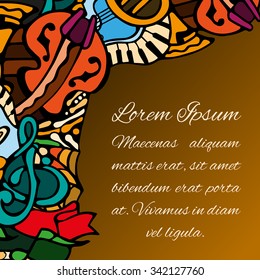 Vector template for design invitations, booklets or greeting cards. Hand drawn elements as musical instruments of vintage patterns. 